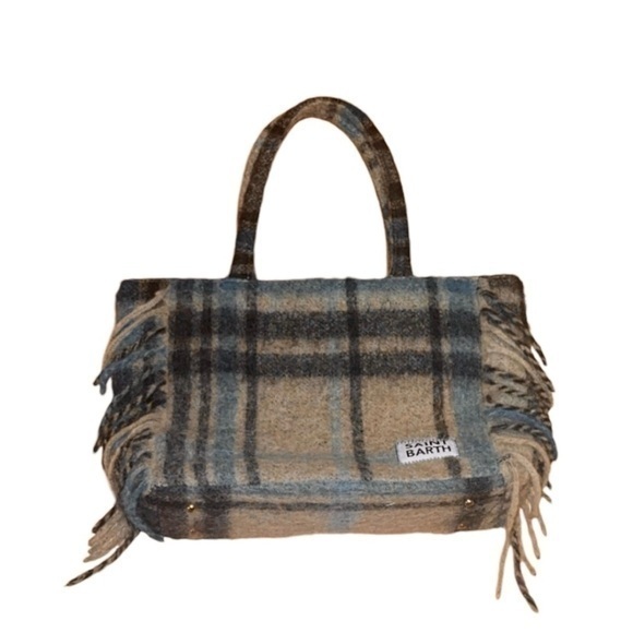 MC2 Saint Barth Vanity Blanket Blue &‎ Tan Tartan Plaid Travel Tote Shoulder Bag - Picture 2 of 15